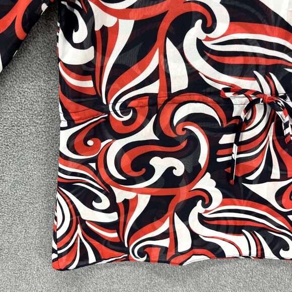 Chaps‎ Top Womens Large Black Red White Short Sleeve Sheer V Neck Blouse - Picture 5 of 14